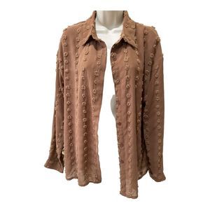 ⭐️ OVERSIZED CAMEL BROWN DRESSY/ CASUAL BUTTON DOWN POM POM SHIRT ⭐️